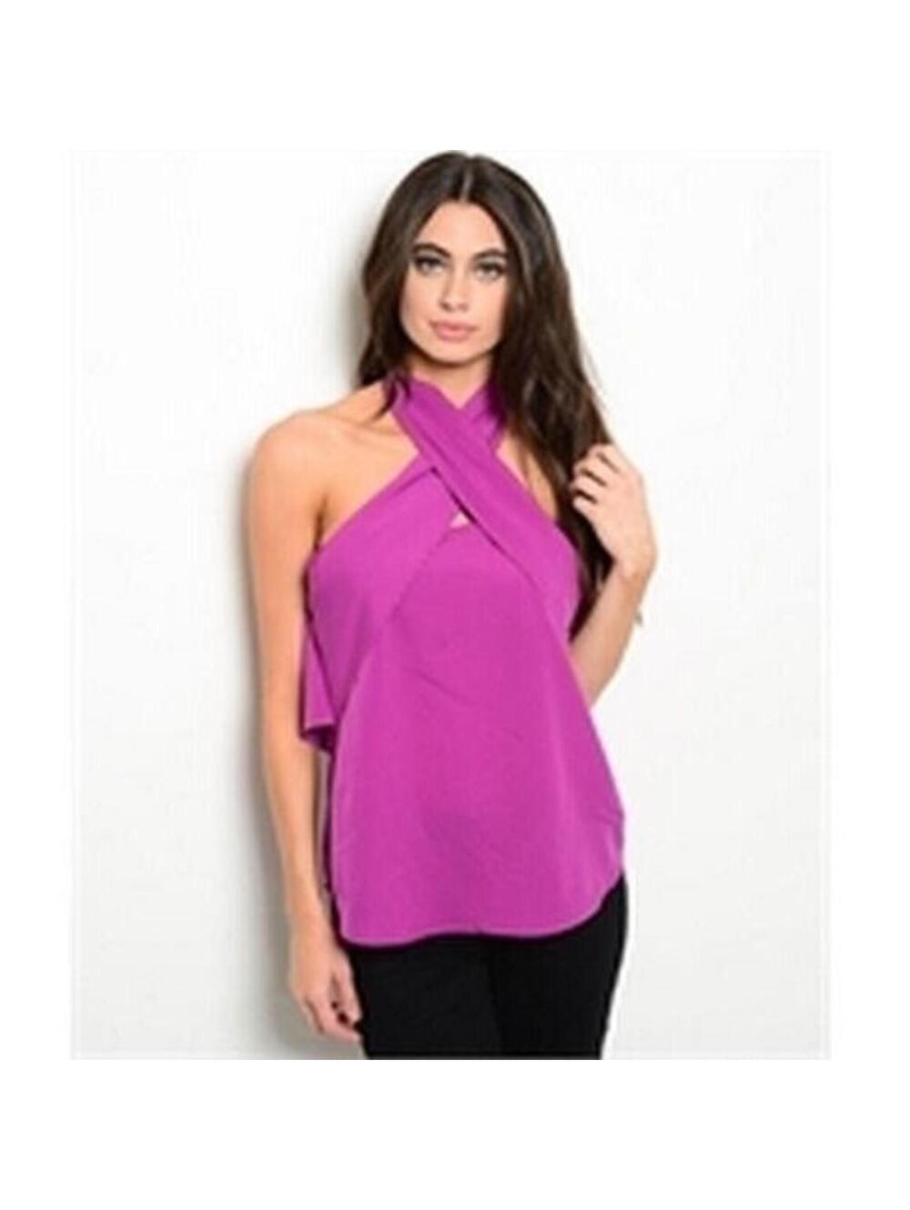 Top Chic Magenta Crisscross Halter Open Back Beaded Trim Sleeveless Blouse S